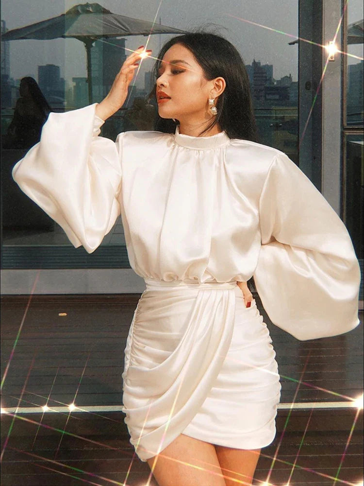 Ruched Satin Dress Women White Latern Sleeves Sexy Party Dress Autumn Night Club Mini Dresses Vestdios - Image 5
