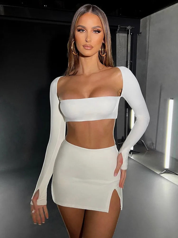Sexy Dress Set Women White Square Collar Full Sleeve Crop Top And Mini Skirt Matching Sets Ladies Party Two Piece Set - Image 2