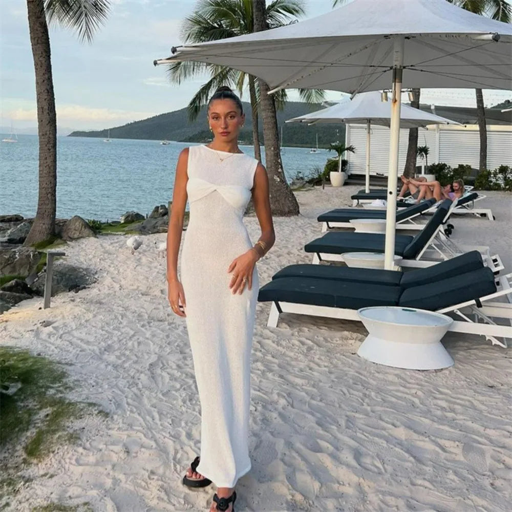 White Knitted Long Dress Women Sexy See Through Slim Beach Dress Summer Elegant Fashion Sleeveless Holiday Outfits Pink - Image 3