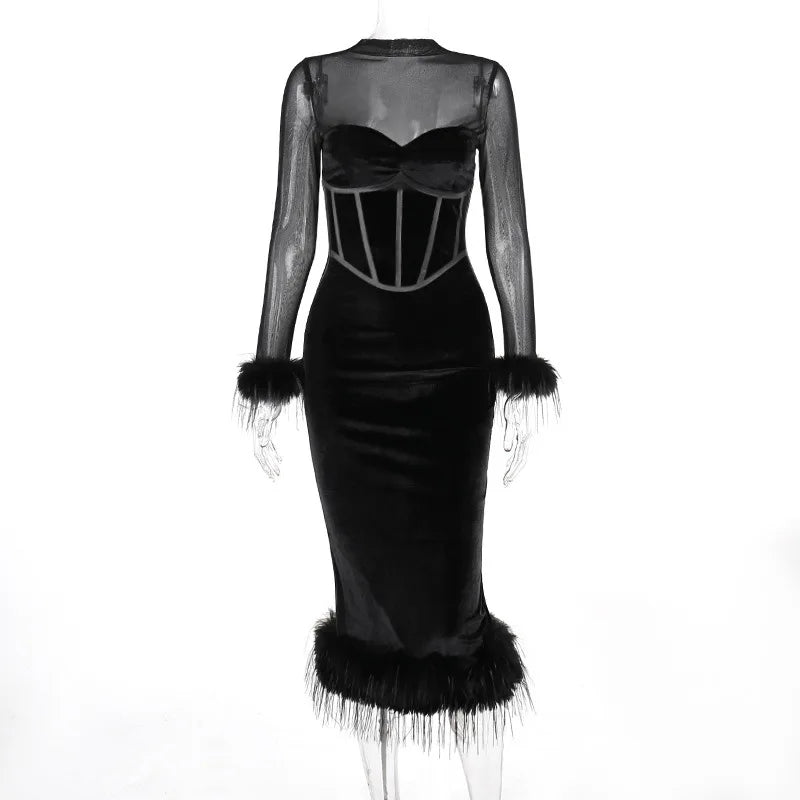 Mesh Splice Maxi Dress Women High Waist Slim Feather Temperament Dresses Female Party Retro Elegant Evening Dress Woman - Image 2