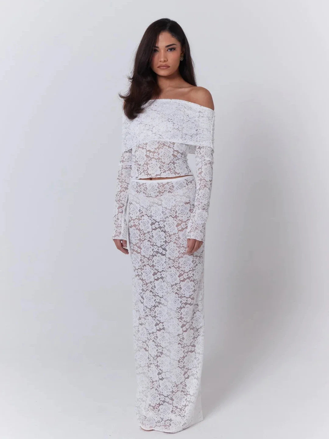 Elegant Lace Patchwork Long Sleeved Two Piece Set Women Slim Fit One Line Neck Top Tight Long Skirt Set Party Clubwear - Image 2