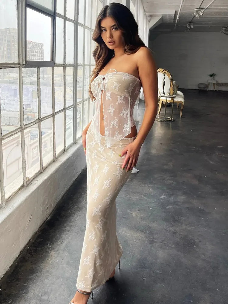 Lace Print Sexy Dress Set Women Strapless Crop Top And Long Skirt Matching Sets Female Night Club Party Two Piece Set - Image 7