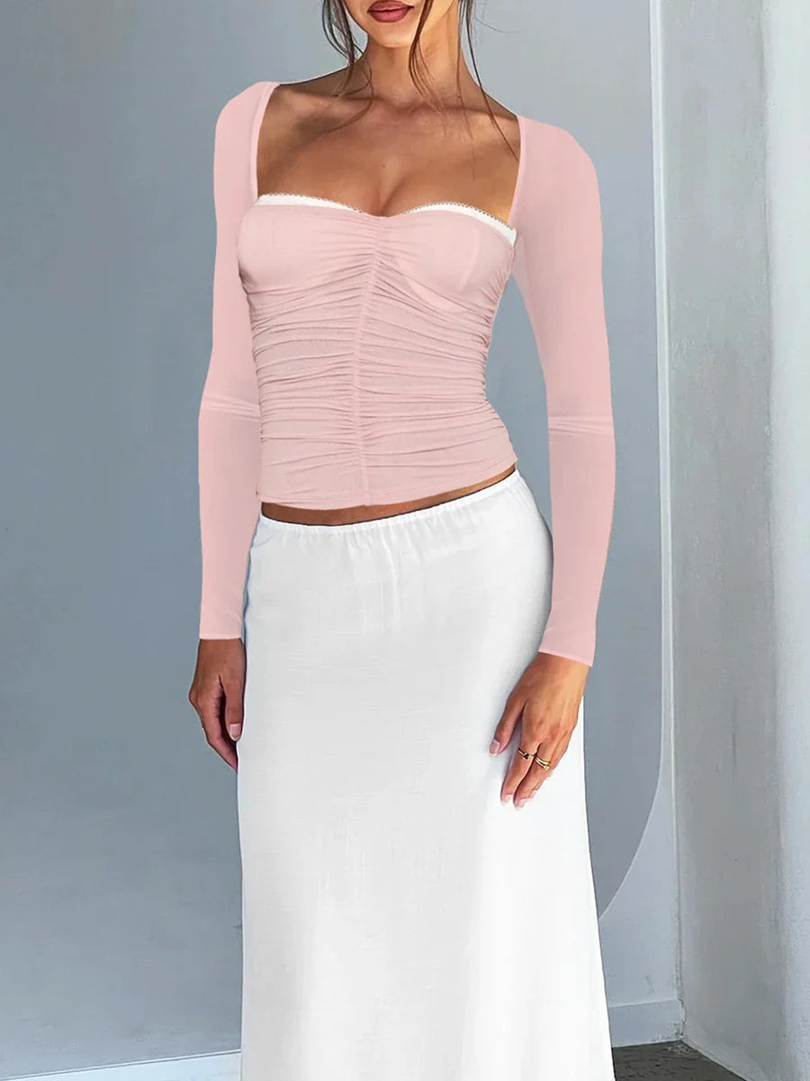 Y2K Women Square Neck Ruched Pleated Corset Long Sleeve T-shirt Crop Tops Tight Cropped Y2k Clothes - Image 6