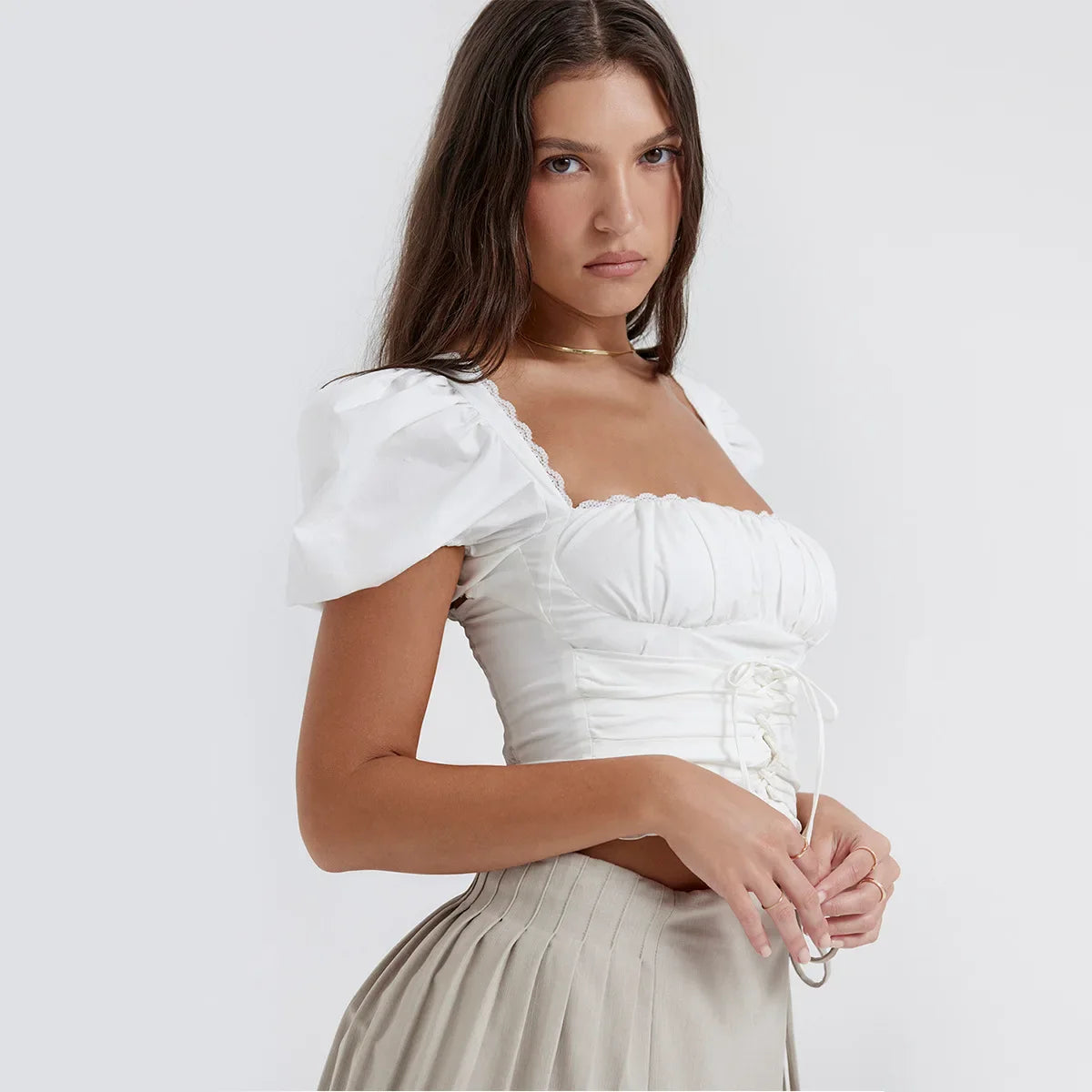 Short Sleeve Cropped Top Women Fashion White Square Neck Tops Preppy Style Cotton Lace Up Blouse Women Clothing - Image 5