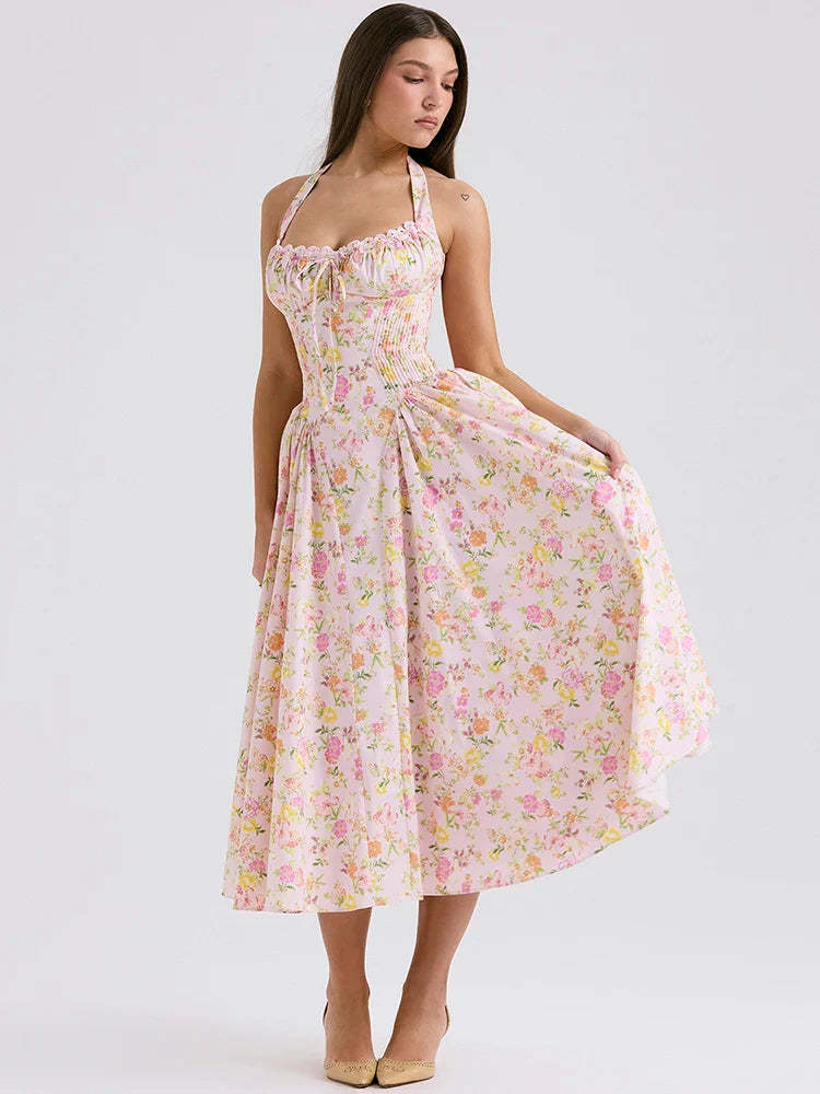 VintPrint Midi Sundress For Women Summer Fashion Halter Sleeveless Backless A-line Sexy Long Dress - Image 3