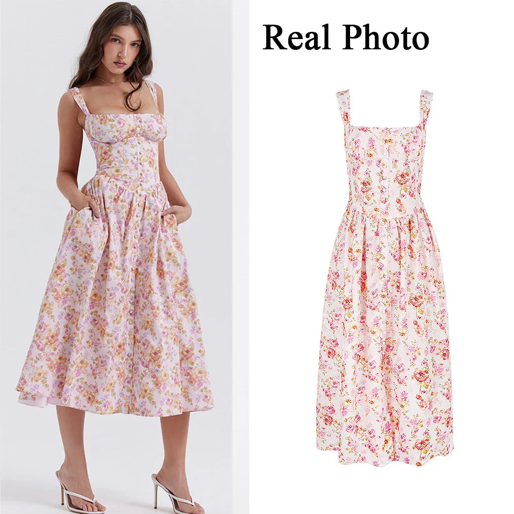 Summer Elegant Midi Dress Casual Pink Button Floral Print Holiday Party Long Dresses for Women In Dresses 2023 - Image 5