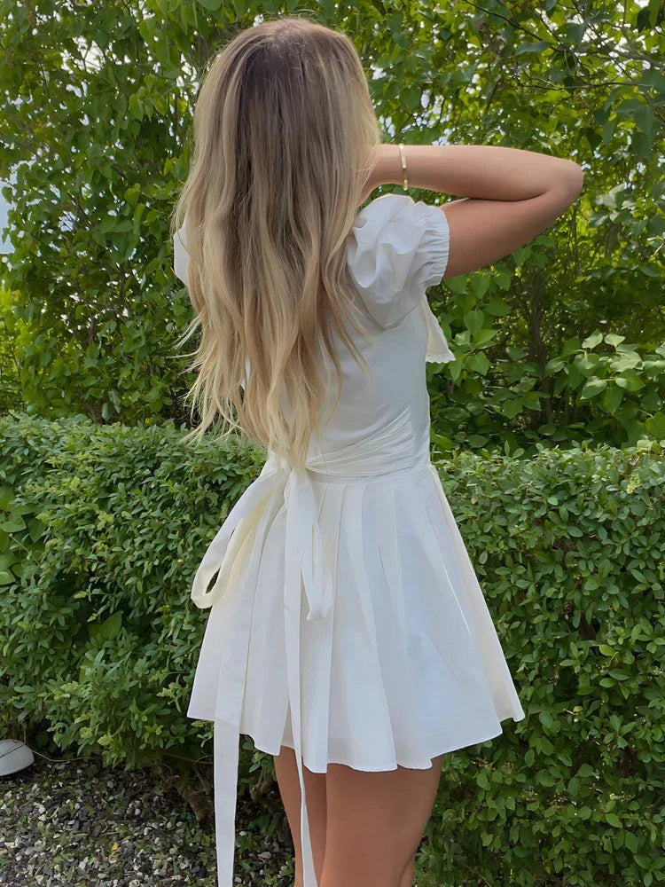 Summer A Line Puff Sleeve Dress Elegant Casual White Dollar Collar Party Holiday Dress Short Sleeve Women's Clothing - Image 4