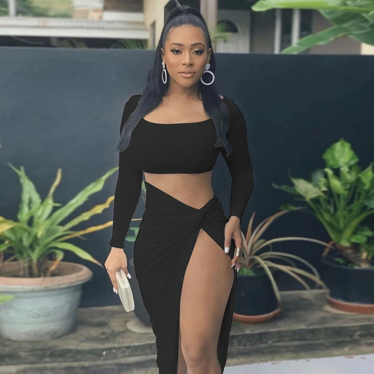 Sexy Long Sleeved Square Neck Tight Fitting Dress women's Pleated Split Wrap Hip Dress Party Nightclub Two Piece Set - Image 4