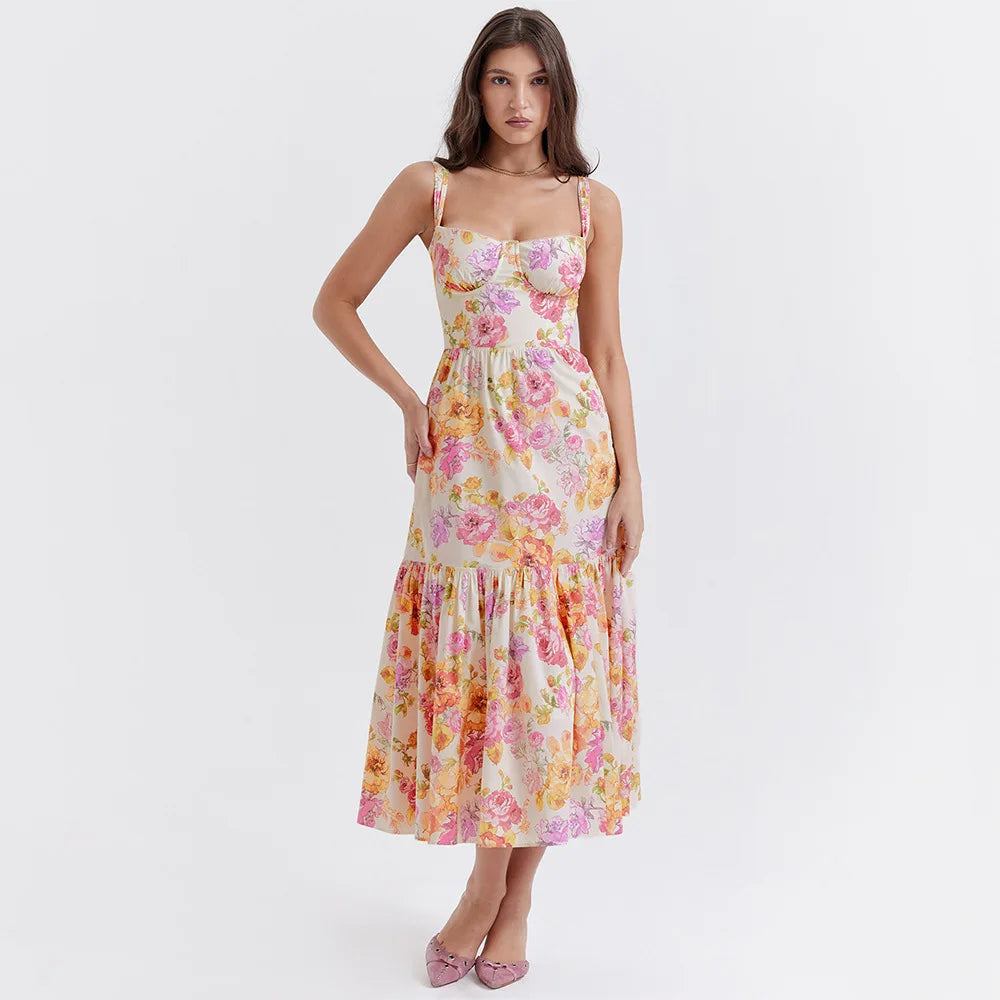 Summer Spaghetti Strap Midi Dress Elegant Casual Floral Print Holiday Party Dress with Pocket Women's Clothing 2023