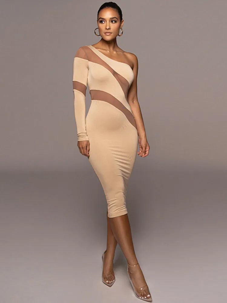 Mesh See Through Patchwork Midi Dress For Women Robe Autumn One Sleeve Backless Bodycon Long Dress Vestido - Image 8