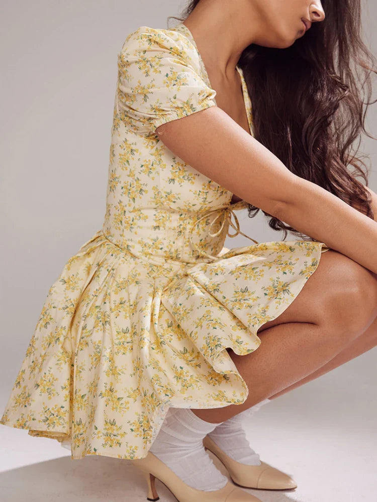 Fluffy Summer Floral Print Dress Elegant Cute V Neck Birthday Party Dresses Puff Sleeve Casual Holiday Dress Mini - Image 5
