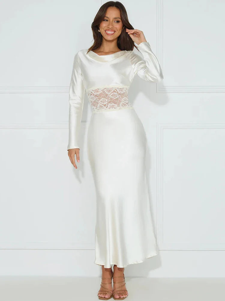 Fashion long sleeve backless long dress sheer lace patchwork loose long dress femme elegant lace-up sexy dress - Image 2