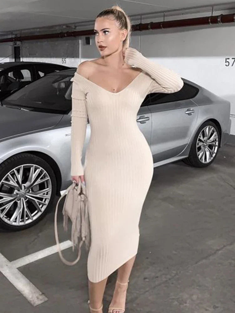 Knitted Dress Women V-Neck Long Sleeve Bodycon Dresses - Image 10