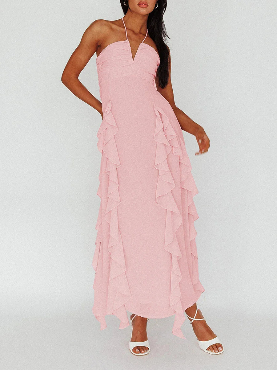 Fashion Womens Fitted Long Dress White Sleeveless Backless Ruffle Spaghetti Strap Dress Skin-Friendly Hot Sale S M L - Image 3