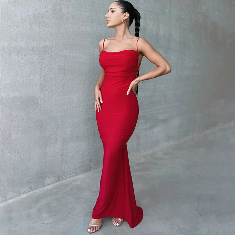 Spaghetti Strap Backless Ruched Maxi Dress For Women Gown Fashion Sleeveless Bodycon Sexy Club Party Dress Elegant - Image 6