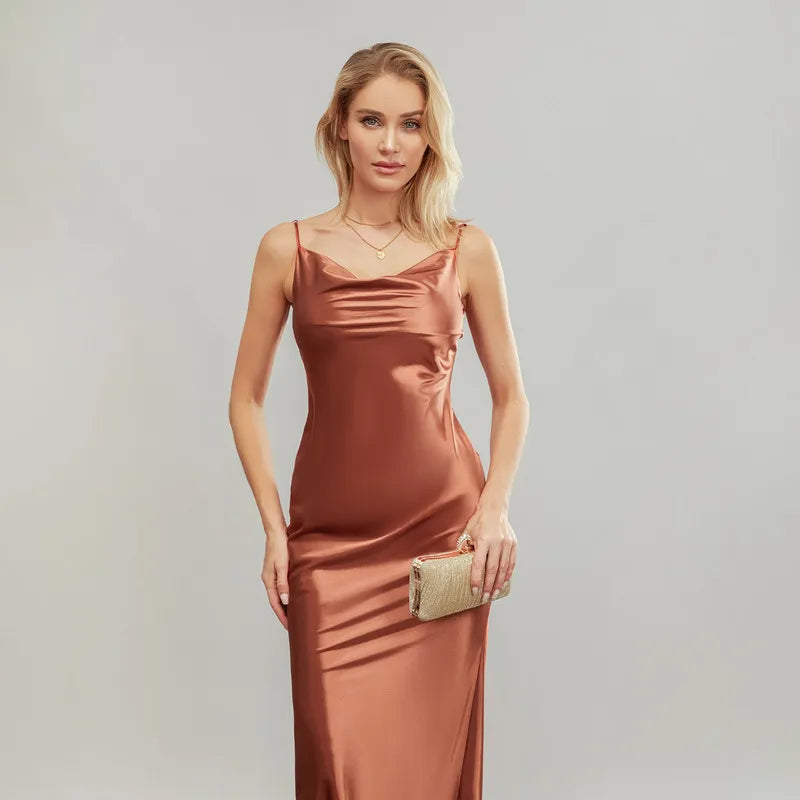 Women Long Bodycon Dress Evening Party Summer Clothes Solid Color Spaghetti Strap Cowl Neck Sleeveless Backless Dress - Image 5