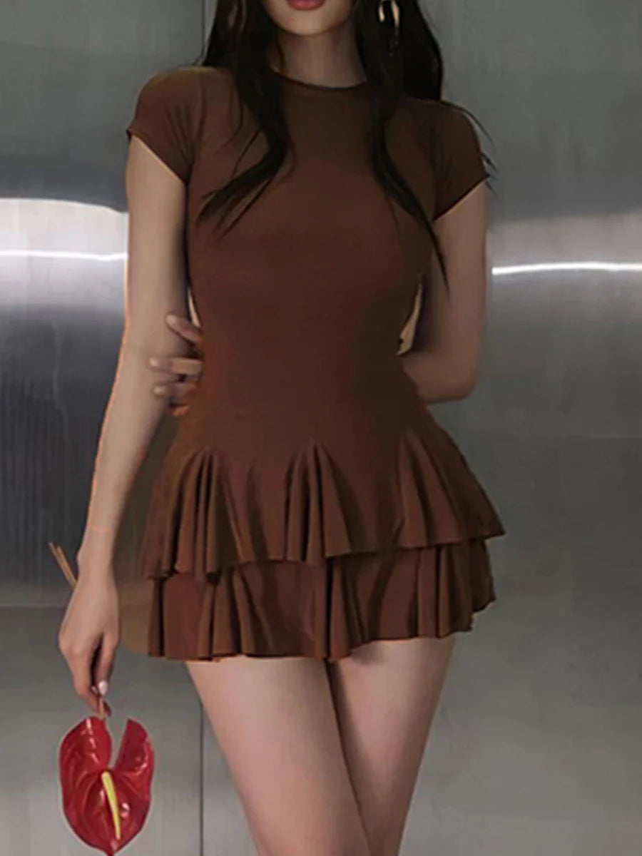 Women Summer Bodycon Mini Dress Solid Round Neck Short Sleeve Dress A-line Dress Casual Mini Dress Fashion Streetwear