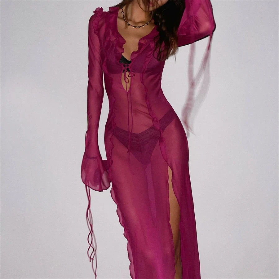 See-through Ruffles Mesh V Neck Tie-Up Beach Long Dress Summer Sexy Long Sleeve High Split Hem Bikini Cover-Ups - Image 5
