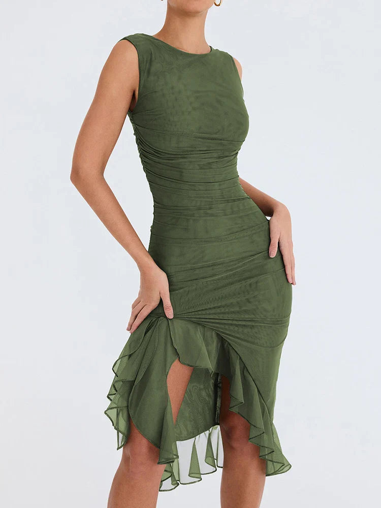 Elegant Ruffle Ruched Midi Dress For Women Robe Summer Backless Sleeveless Irregular Club Party Sexy Dress Vestido - Image 3