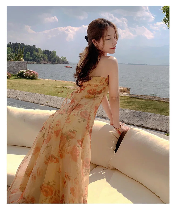 French VintDress Women Elegant Backless Floral Halter Neck Midi Dress Summer Chiffon Holiday Beach Dresses for Women 2022 - Image 5
