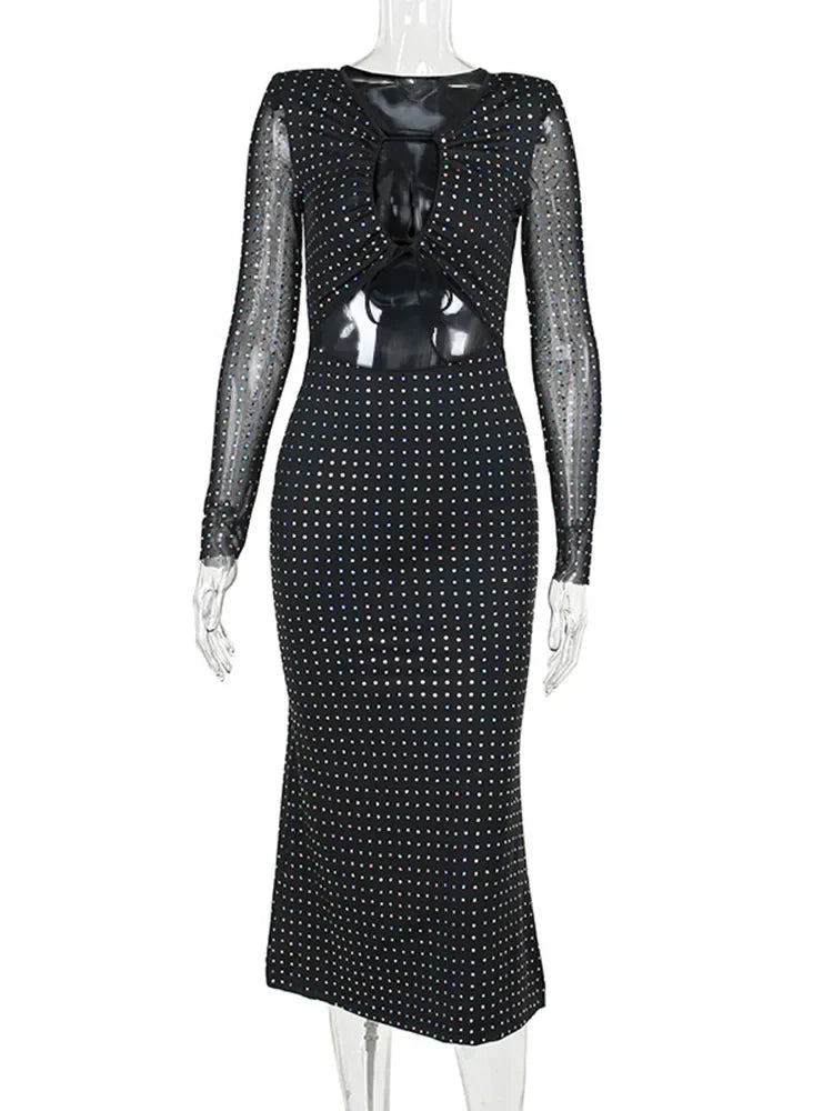 Sexy Cut Out Mesh Long Sleeve Bodycon Maxi Dress Women Glitter Lace Up Party   Spring Fall Elegant Birthday Clothes  YY23579MH - Image 5