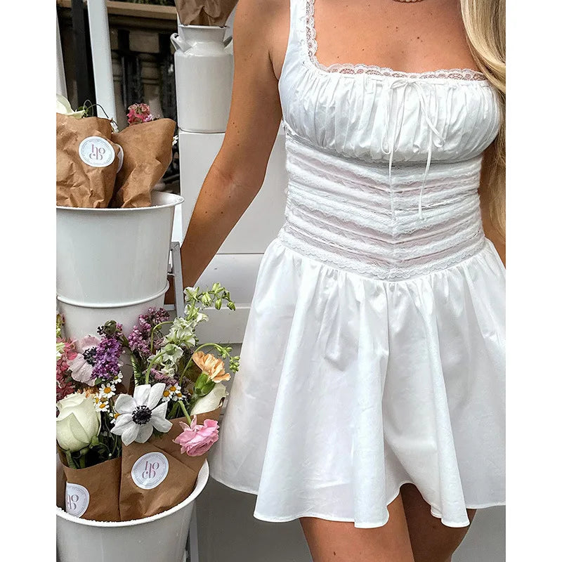 Square Neck White Dress Lovely Lace Patchwork A Line Holiday Party Dresses Casual Mini Summer Dresses Women 2023 - Image 2