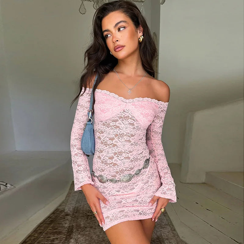 Dress Sexy Off Shoulder Lace Dress For  Long Sleeve Elegant Solid