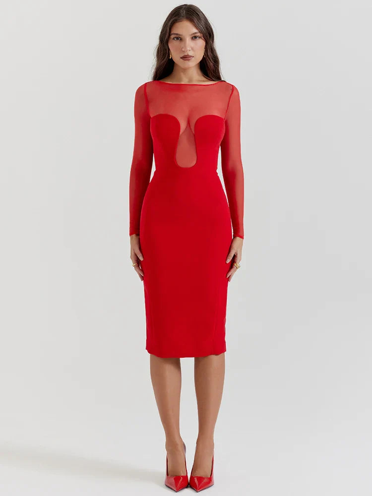 Elegant Strapless Sexy Midi Dress For Women Fashion Sheer Long Sleeve Backless Split Bodycon Club Party Sexy Long Dress