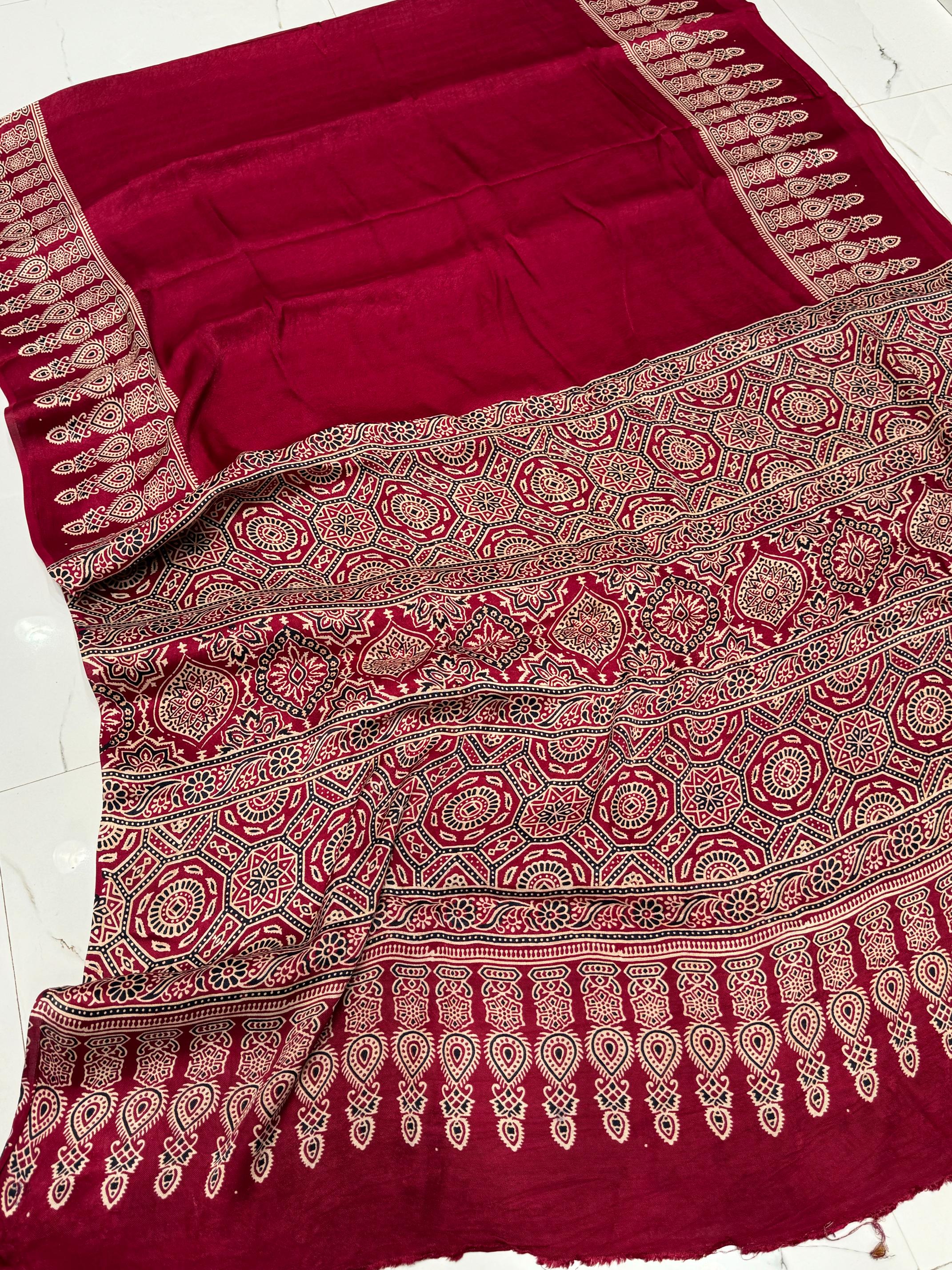 Maroon Ajrakh Hand Block Modal Silk Saree With Fancy Ajrakh Pallu and Border