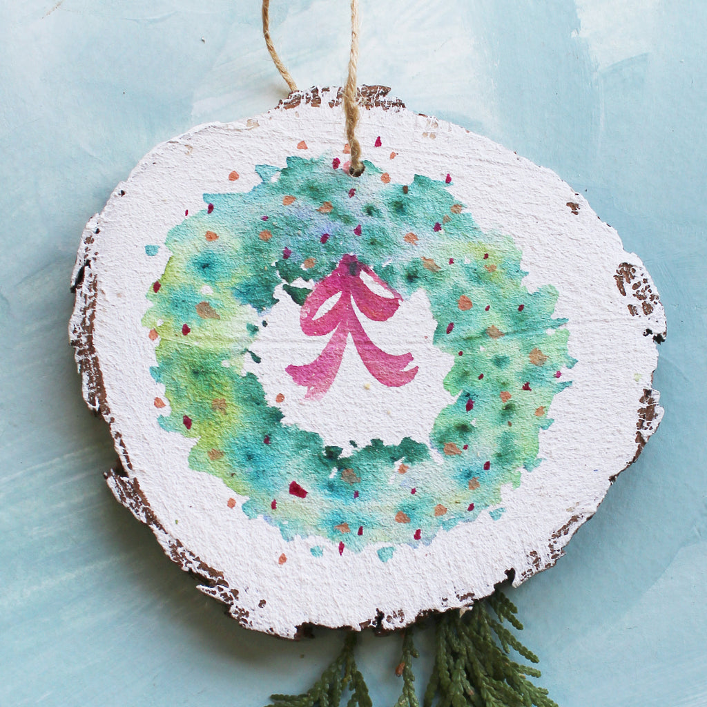Hand Painted Ornaments - Wreath with Red Bow