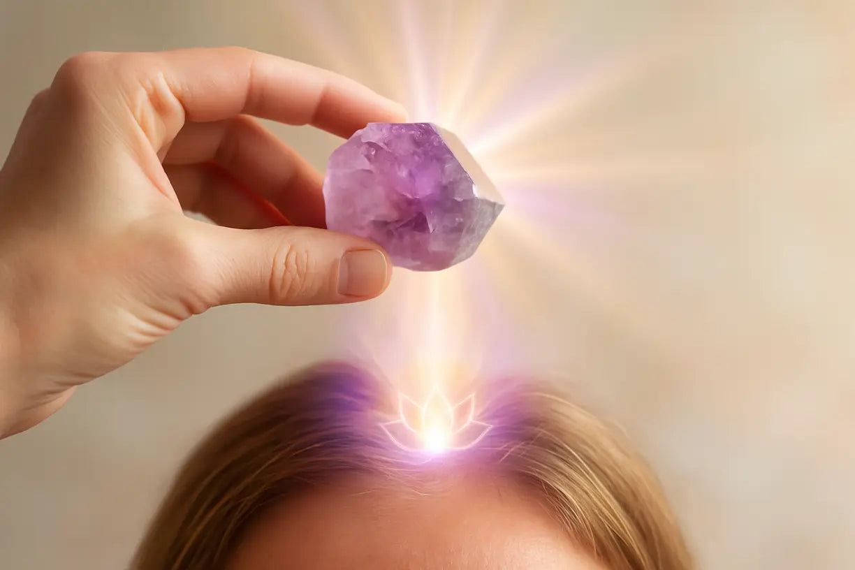 Close up hand holding amethyst crystal above head with radiant crown chakra light and soft background