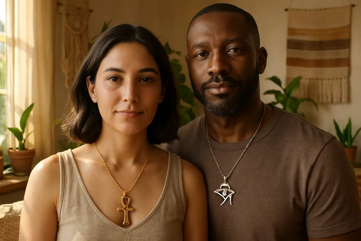 Couple of diverse backgrounds wearing ankh and Eye of Horus necklaces in a sunlit, stylish setting.
