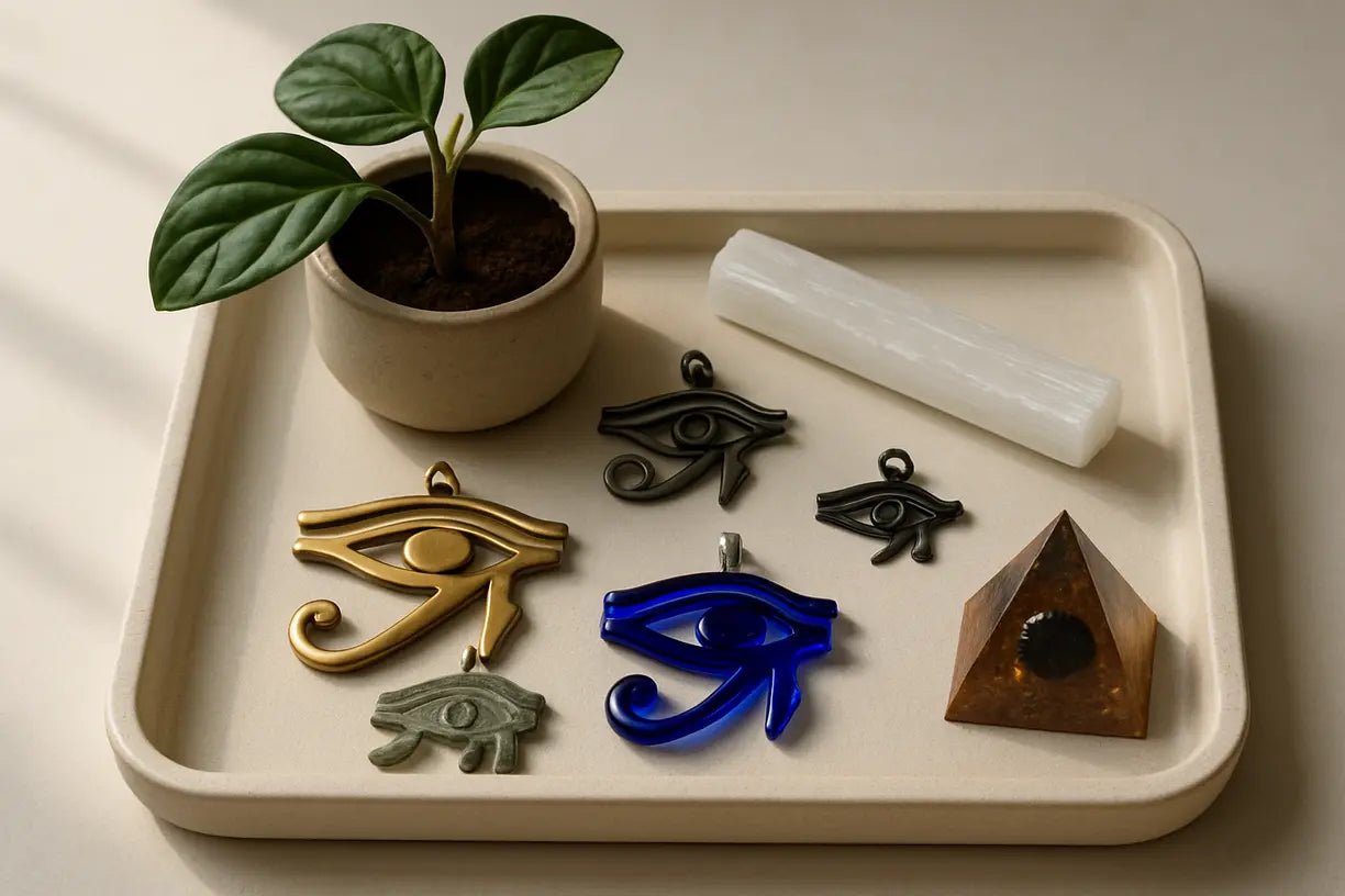 Still life of Eye of Horus amulets displayed on a jewelry tray with crystal, plant, and pyramid for modern home protection.