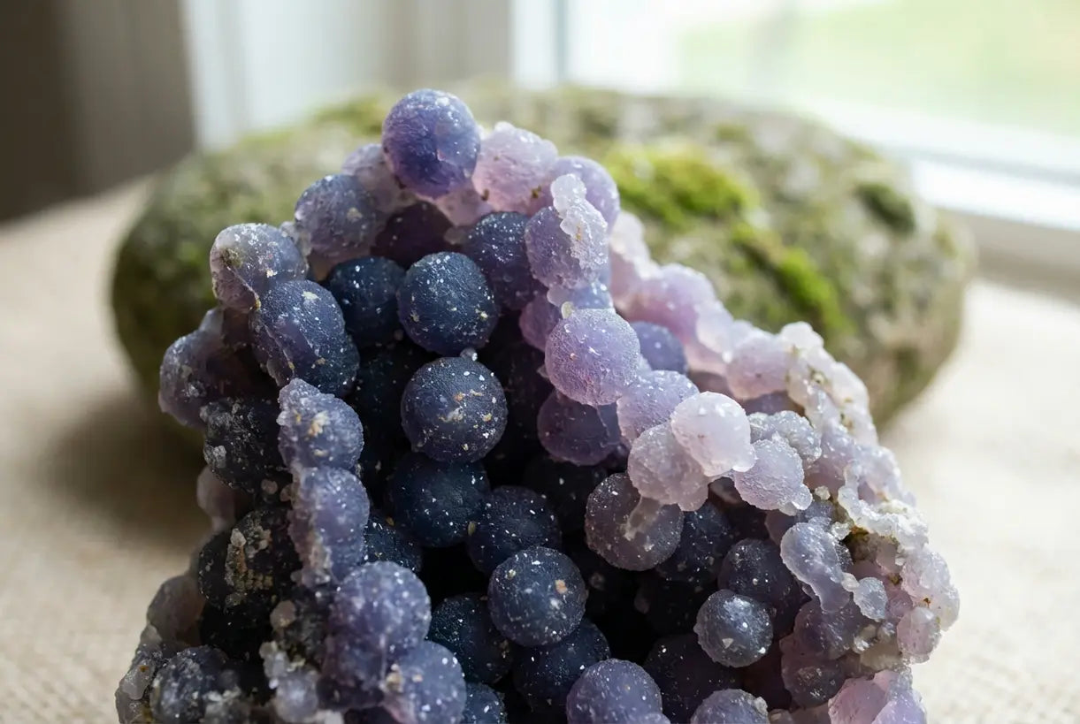 close-up detail of grape amethyst botryoidal crystal formation with purple hues