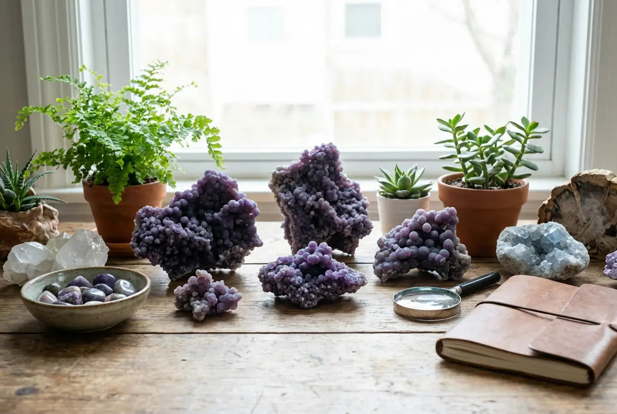 tabletop display of grape amethyst clusters with plants and minerals in natural light