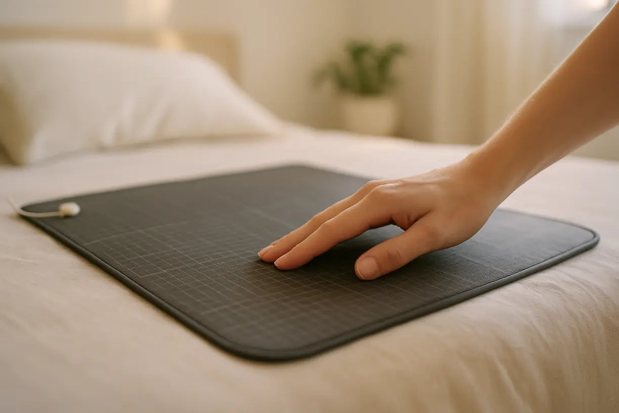 grounding-mat-bedtime-routine-photo Close-up photo of hand adjusting grounding mat on bed, soft light, calming bedroom background.