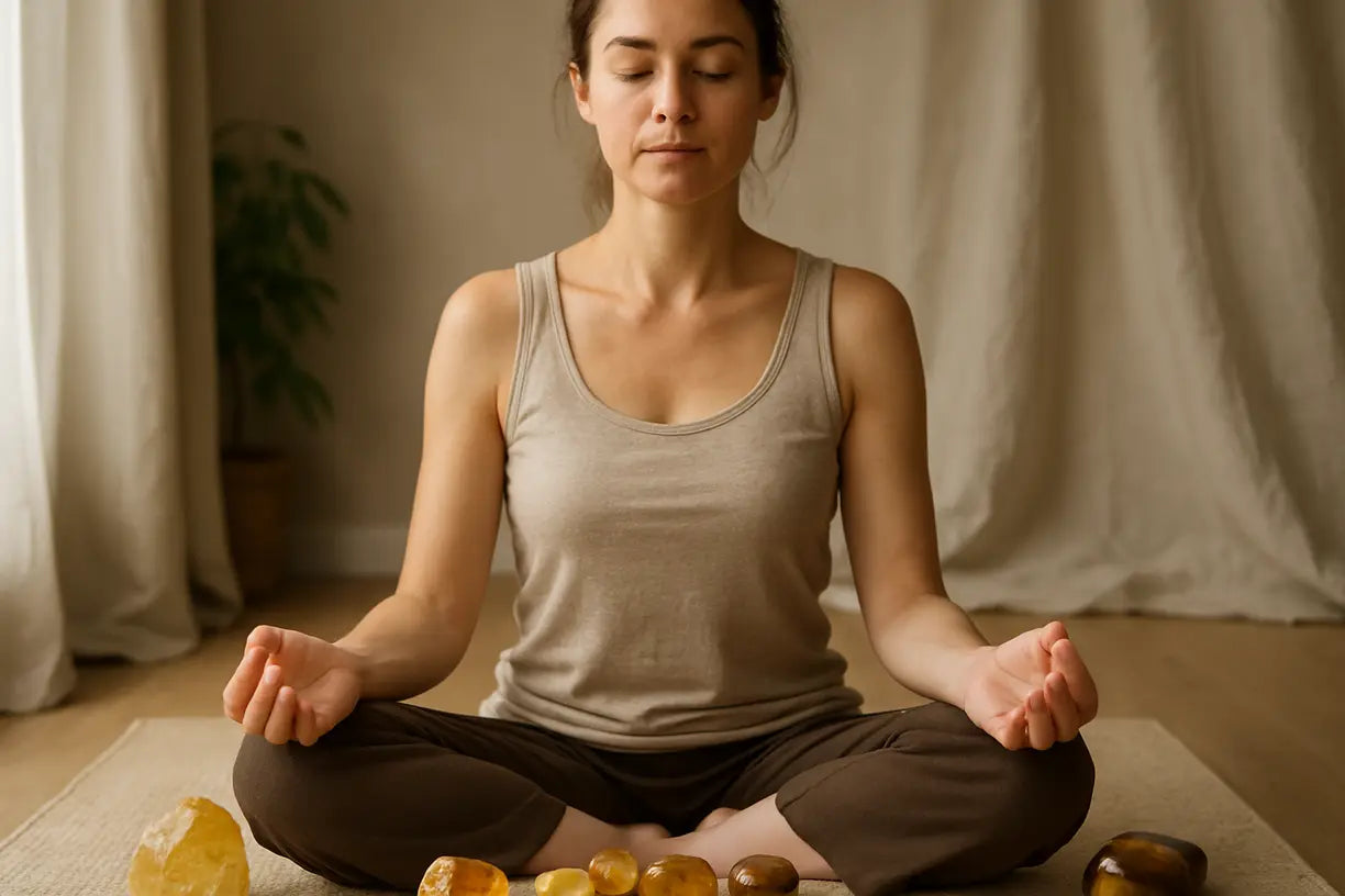 Woman meditating with solar plexus chakra crystals like citrine and tiger eye.