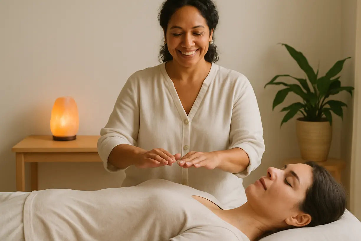 Hyperrealistic Reiki healing session photo with practitioner and relaxed client in peaceful room.