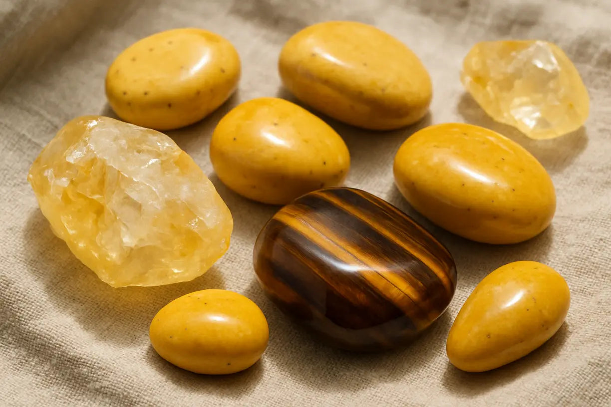 Close-up of solar plexus chakra crystals including citrine, tiger eye, and yellow jasper.