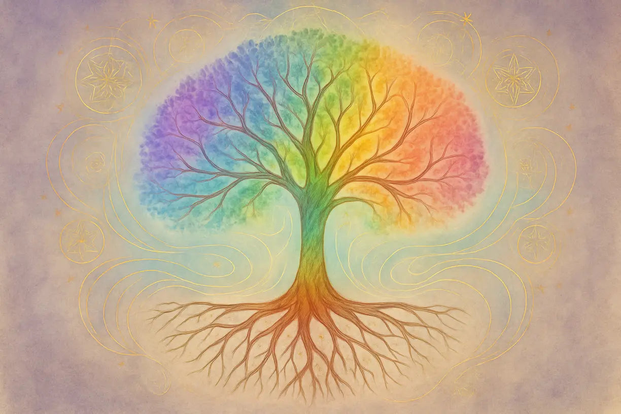 tree-of-life-chakra-artistic-symbol-color Illustration of the tree of life symbolized with integrated chakra colors showing energy flow and spiritual harmony.