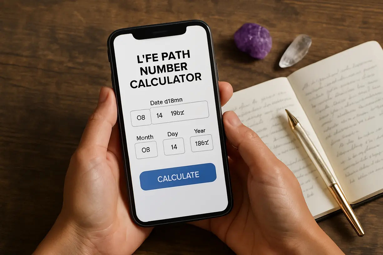 woman-using-life-path-number-calculator-app Hyperrealistic photo of a woman's hands using a life path number calculator on a smartphone, with a journal and crystals nearby.