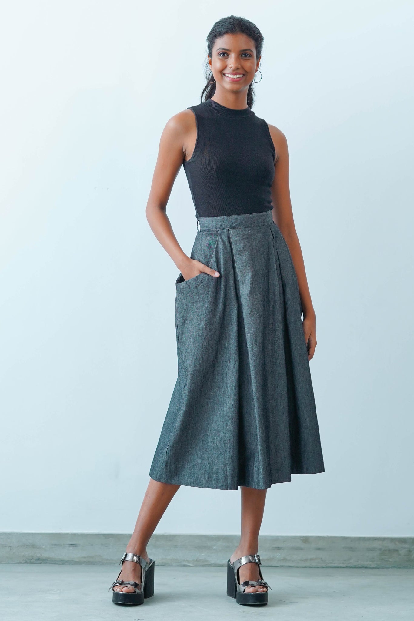 maxi black denim skirt