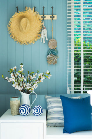 bench with coastal style elements, in blues and whites