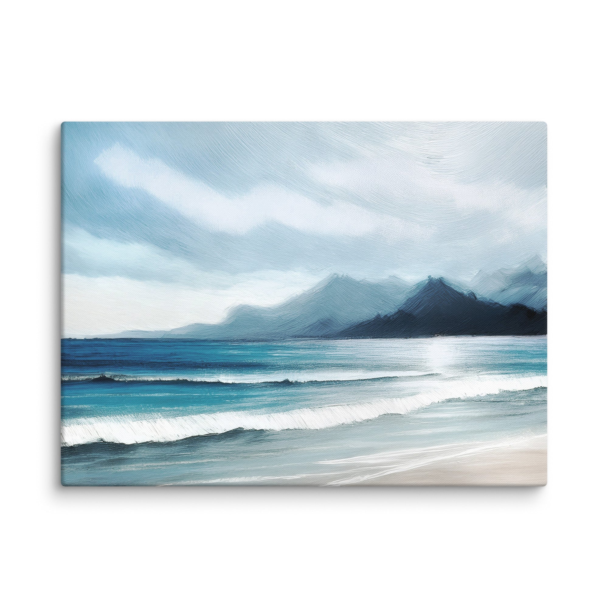 seascape artwork showing blue waves and blue mountains in the distance