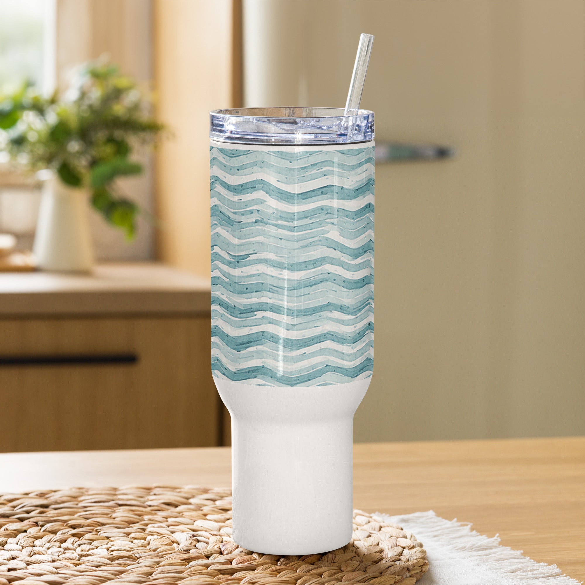 coastal inspired Blue and Navy Stripes Tumbler with reusable straw and spill proof lid