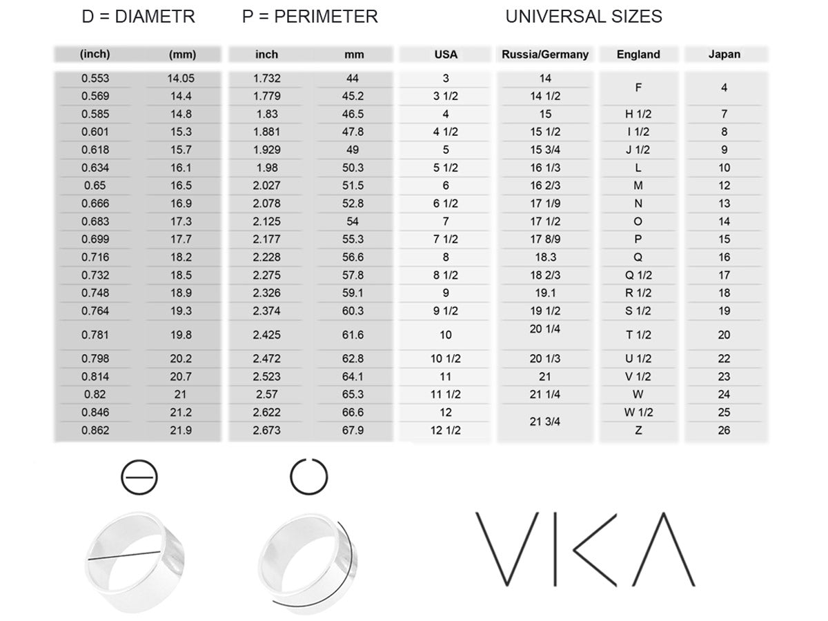 VIKA jewels ring size table