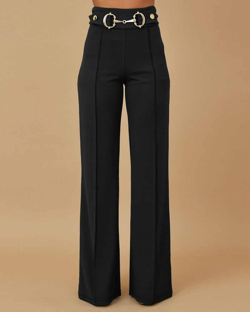 Mental Button Decor High Waist Causal Straight Leg Work Pants