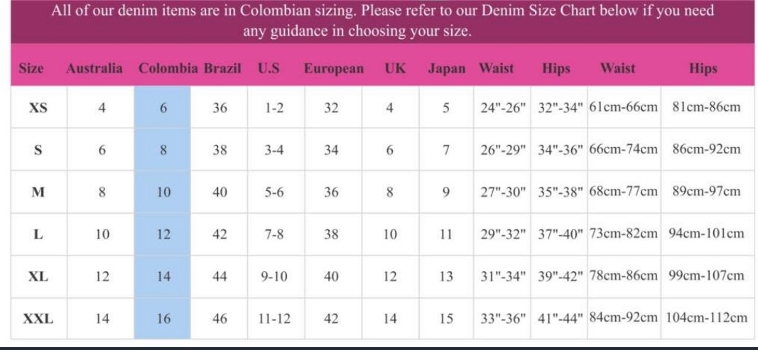 colombian jeans size chart