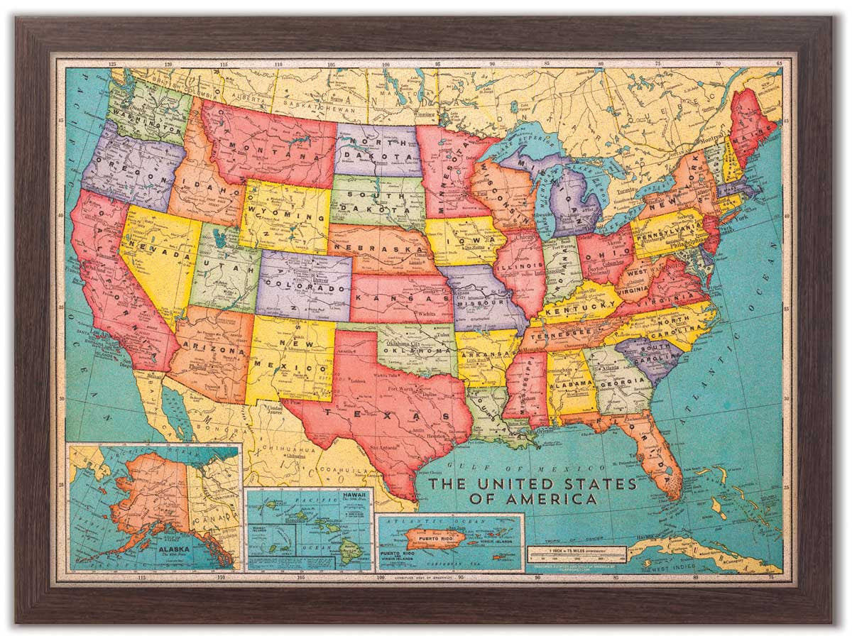 Cork Board USA Map - Custom Made - 46" x 34" Cork Board USA Map - Blue Stain Frame - Decorative Boar