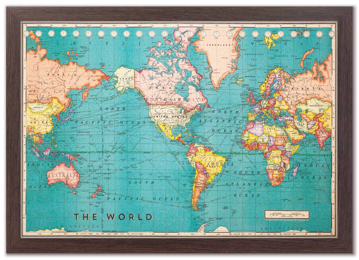 Cork Board World Map - Custom Made - 48" x 34" Cork Board World Map - Montauk Boardwalk Frame - Deco